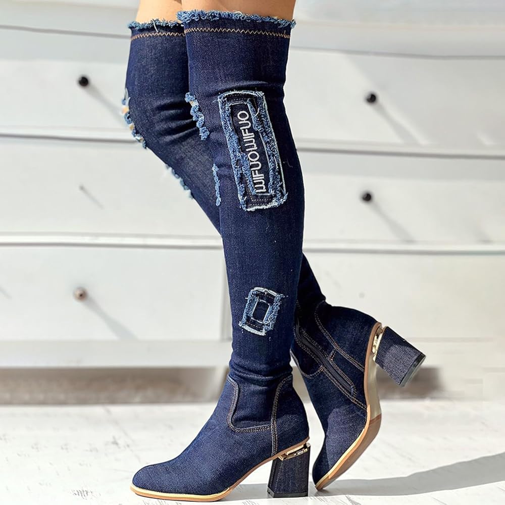 デニムニーハイブーツ 楽天市場】デニム ニーハイ ブーツ デニムブーツ 膝丈とロング丈